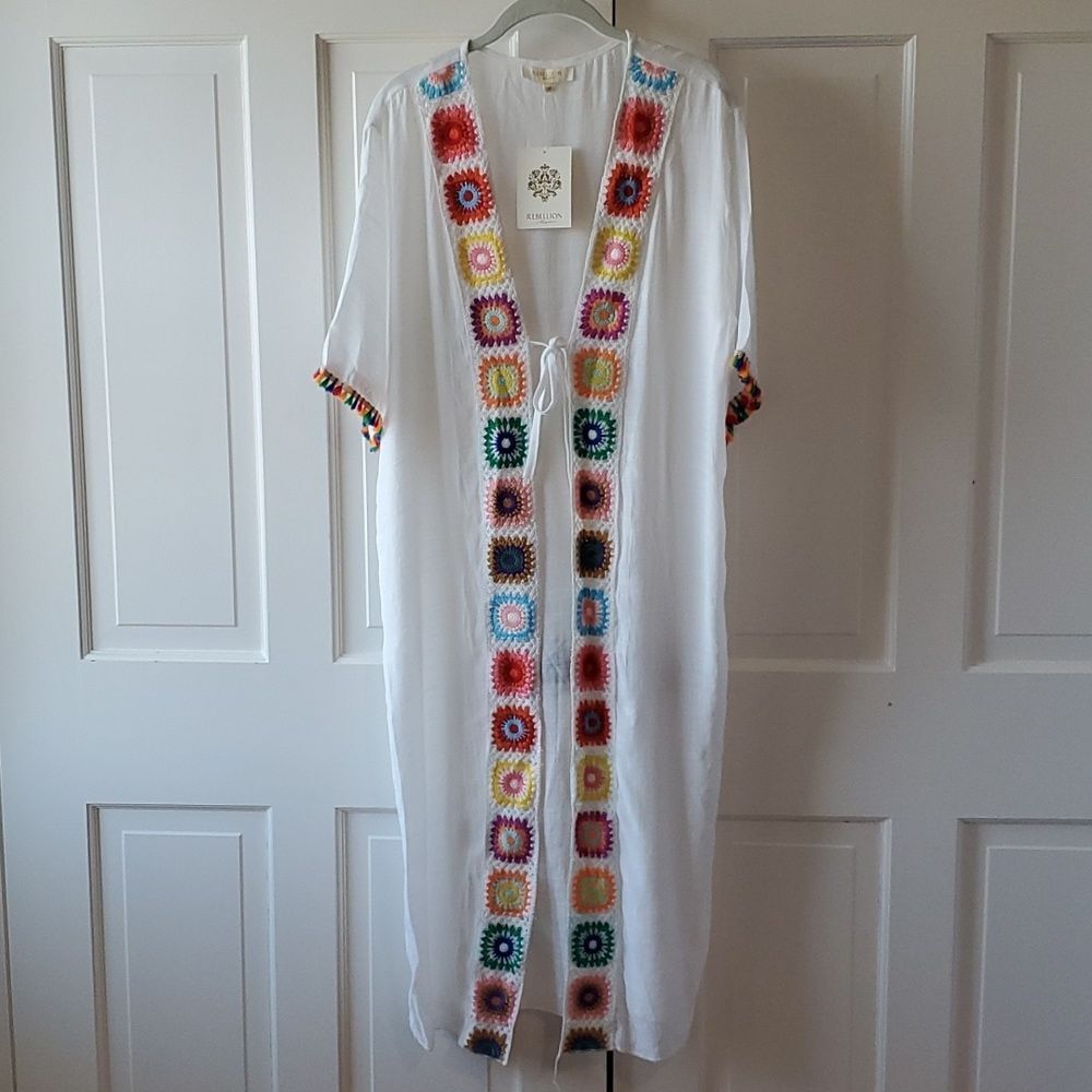 NWT REBELLION BEACH POOL COVERUP BOJO CROCHET GRANNY SQUARE DUSTER WHITE MEDIUM